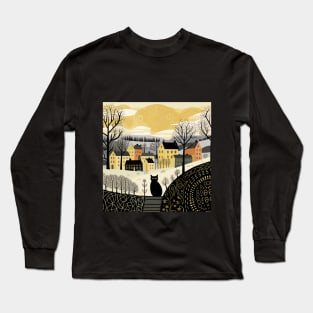 Vintage Cityscape Illustration: Urban Street with Houses, Lamps, Patterned Roads, Clouds, and a Stylish Black Cat in the Middle - Design Art Long Sleeve T-Shirt